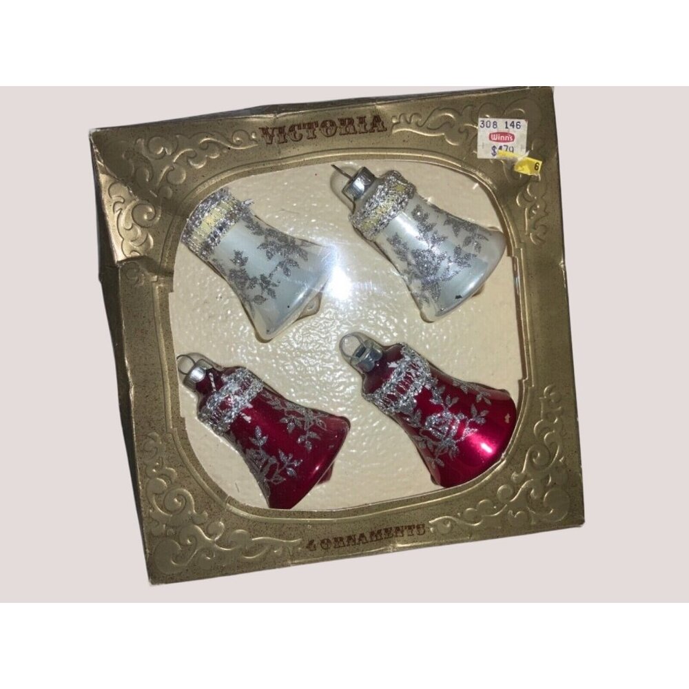 Rauch Victoria 4 Glass Bell Christmas Ornaments  Red White  3Inch Vintage 1983